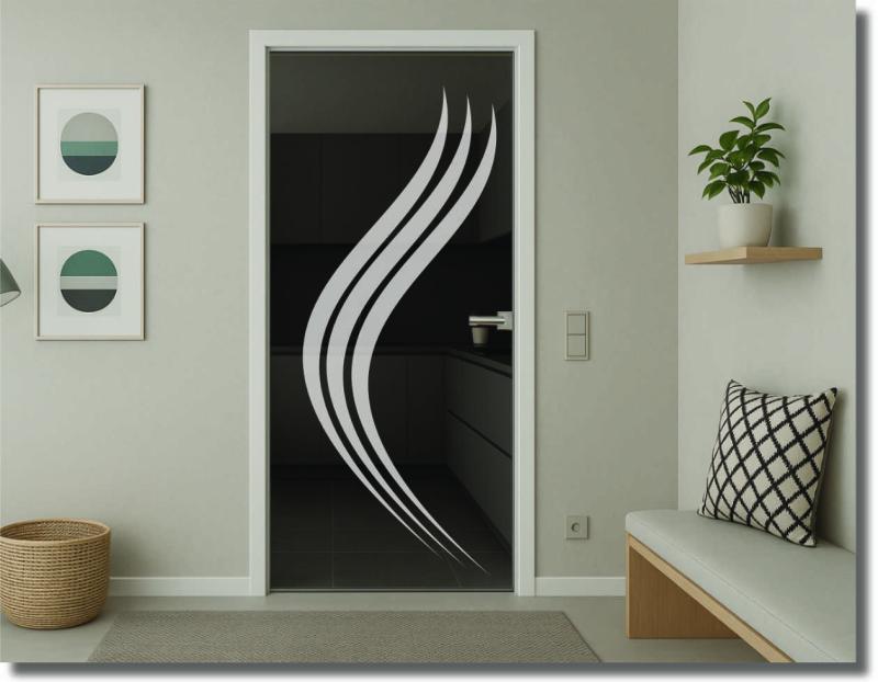 Glastür Dekorfolie mit dynamischer Schwunglinie als zeitloses Design für moderne Innentüren aus Glas.