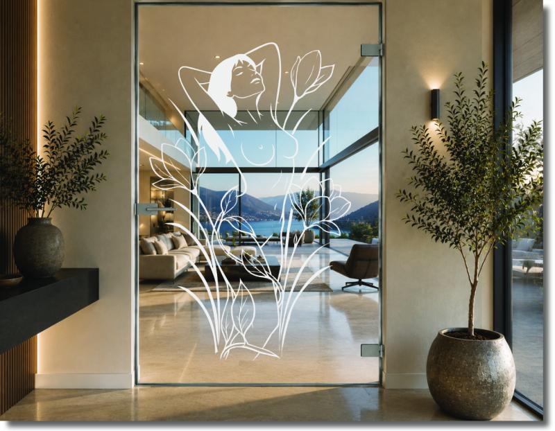 Glastürfolie Serena mit weiblicher Silhouette zwischen Blüten und Blättern für eine elegante und moderne Gestaltung von Ganzglastüren