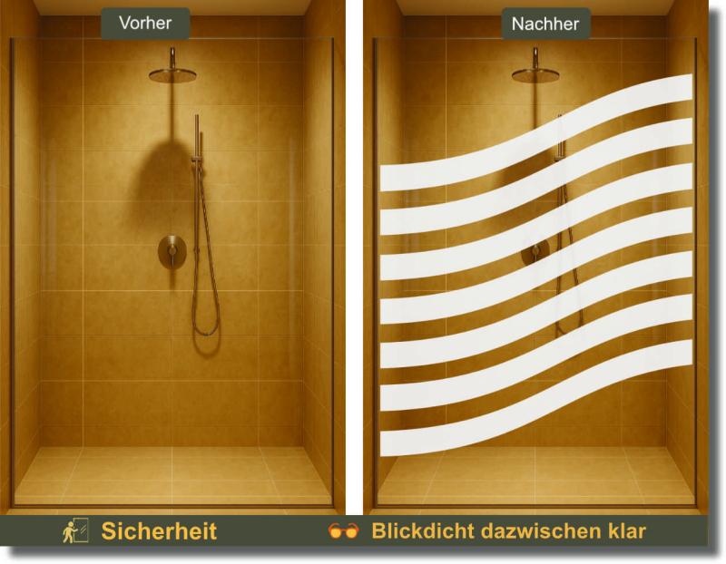 Milchglasfolie mit fließenden Wellenlinien für Glasduschen und Duschabtrennungen als dekorativer Sichtschutz nach Maß.