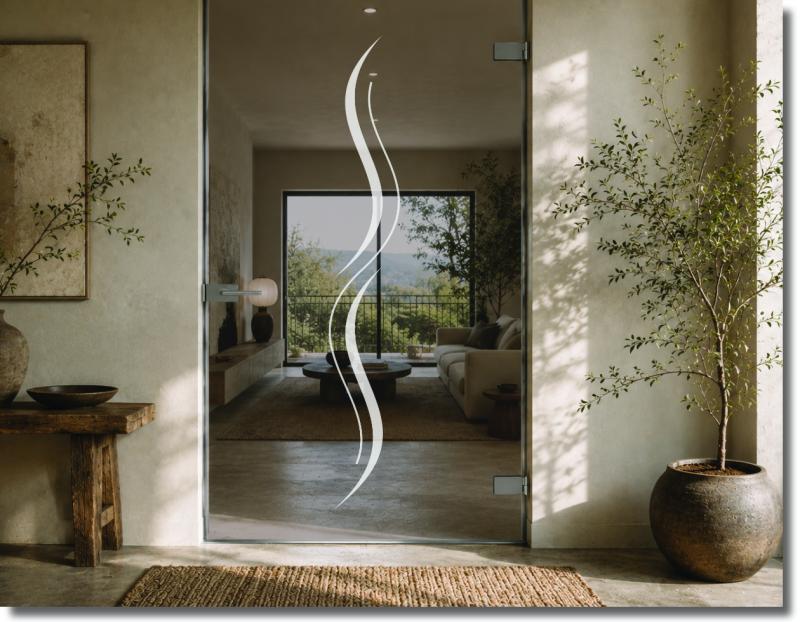 Sichtschutzfolie für Glastüren mit filigranem vertikalem Wellenmotiv aus zwei parallel verlaufenden geschwungenen Linien.