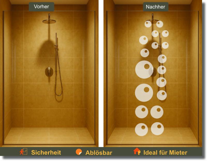 Glasdekorfolie mit unterschiedlich großen Kreisen für die Glasdusche, dekorativer Sichtschutz und stilvolle Gestaltung der Duschabtrennung nach Maß.