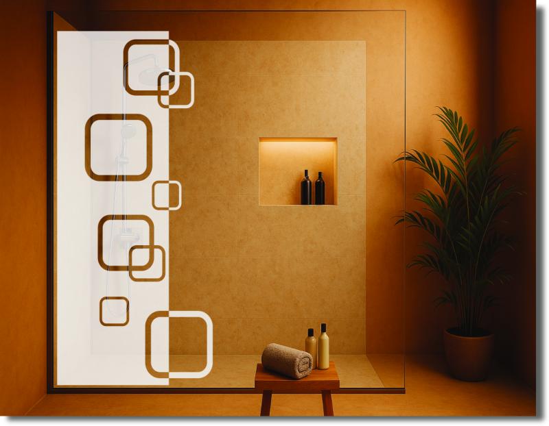 Glasdekorfolie mit geometrischem Quadratdesign für eleganten Sichtschutz an einer modernen Glasdusche im Badezimmer.