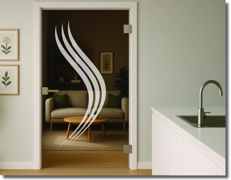 Sichtschutzfolie für Glastüren mit fließendem Liniendesign in Sandstrahloptik für eine stilvolle Raumgestaltung.