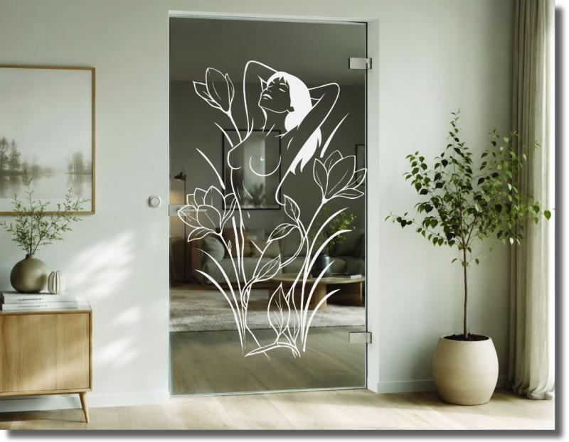 Folie Glastür Serena mit Frau, Blüten und filigranen Pflanzen als florales Motiv für transparente Glastüren und moderne Wohnbereiche