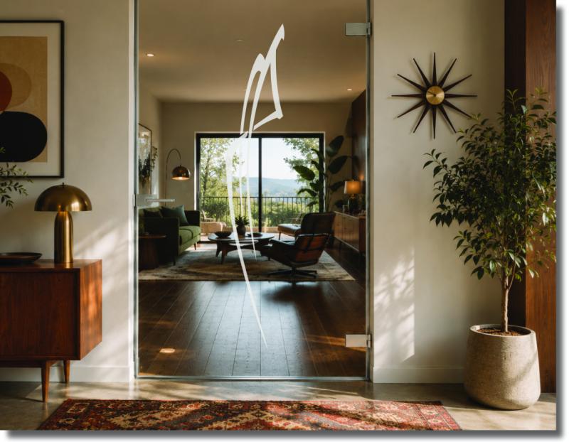 Glasdekorfolie für Glastür mit filigraner Sichelform als dezentes vertikales Motiv für eine leichte und moderne Glasgestaltung