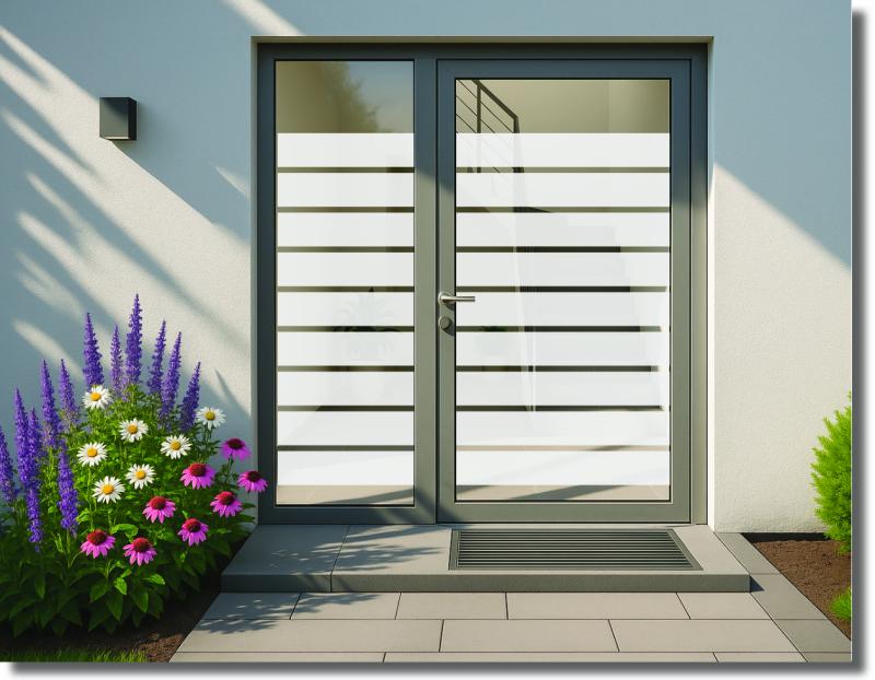 Sichtschutzfolie für Haustüren im Design Horizont mit breiten und schmalen Milchglasstreifen sowie klaren Zwischenbereichen