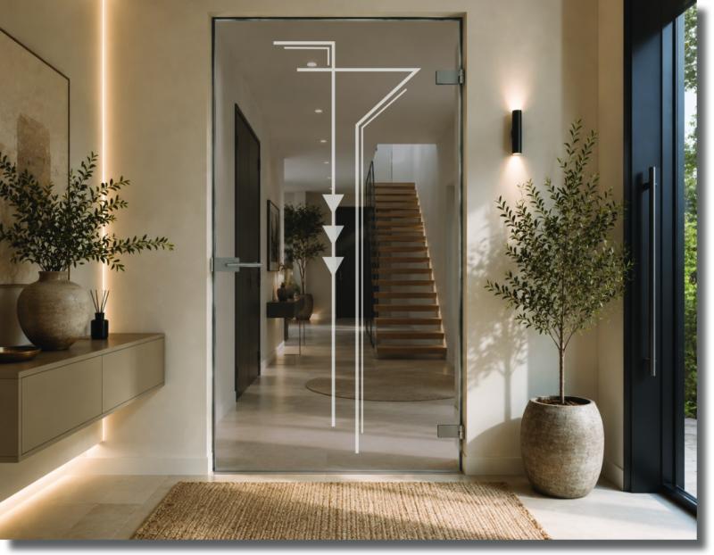 Glastür Folie mit filigranen geometrischen Linien, die sich vertikal über die Glasfläche verteilen und die Türhöhe optisch betonen.