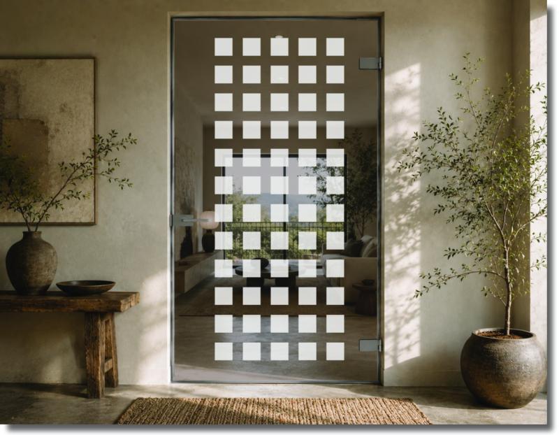 Sichtschutzfolie für Glastüren mit zahlreichen kleinen Quadraten in gleichmäßiger Anordnung als geometrisches Glastürmotiv.