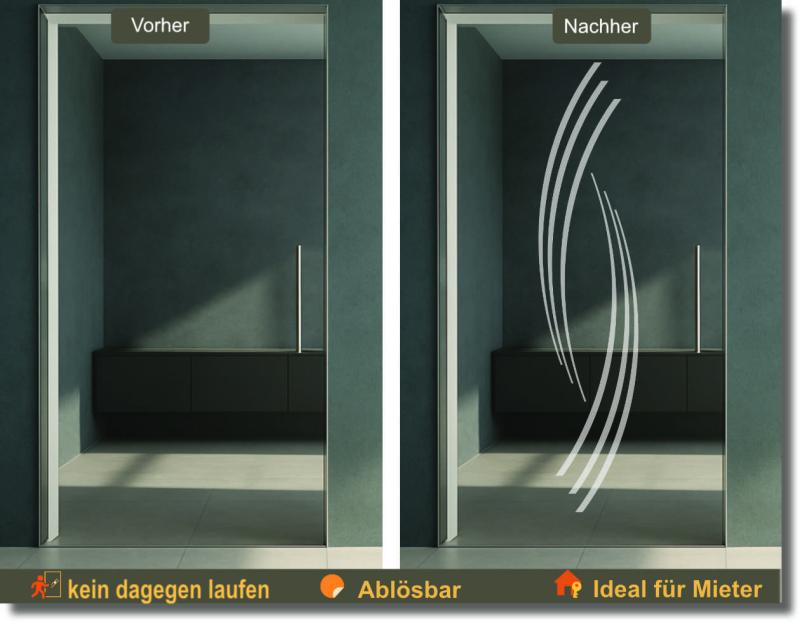 Glastürfolie mit geschwungenem Wellenbogen sorgt für eine dezente Lichtwirkung und setzt stilvolle Akzente auf klaren Glasflächen.