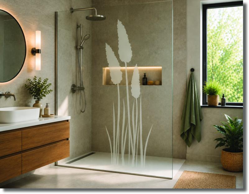 Selbstklebende Duschfolie mit hohen Pampasgräsern als stilvoller Sichtschutz für Glasdusche und Duschtür im modernen Badezimmer.